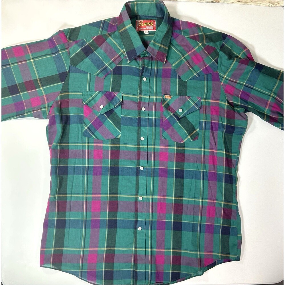 Vtg Ely Plains Western Pearl Snap Long Sleeve Plaid Shirt 16.5/34-35 Green Red